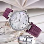 Perfect Replica Longines Stainless Steel Diamond Case Purple Leather Strap 32mm Women's Watch
